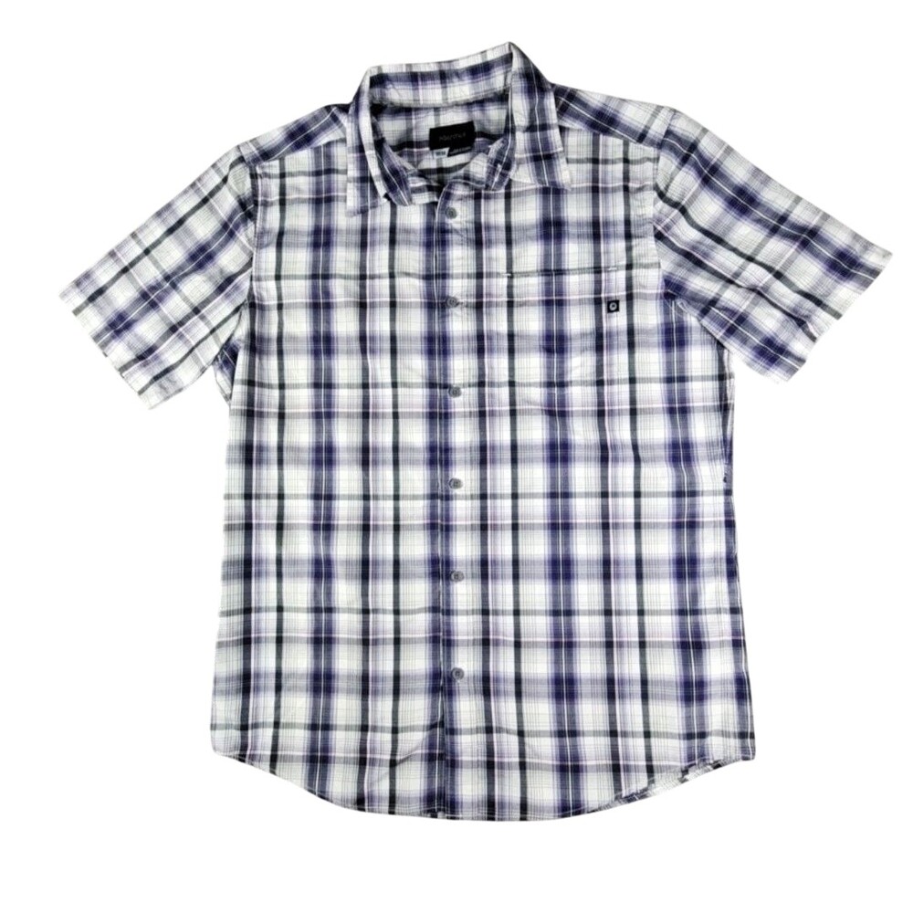Marmot Shirt Mens Medium Purple Plaid Short Sleeve Button Up Lightweight Outdoor